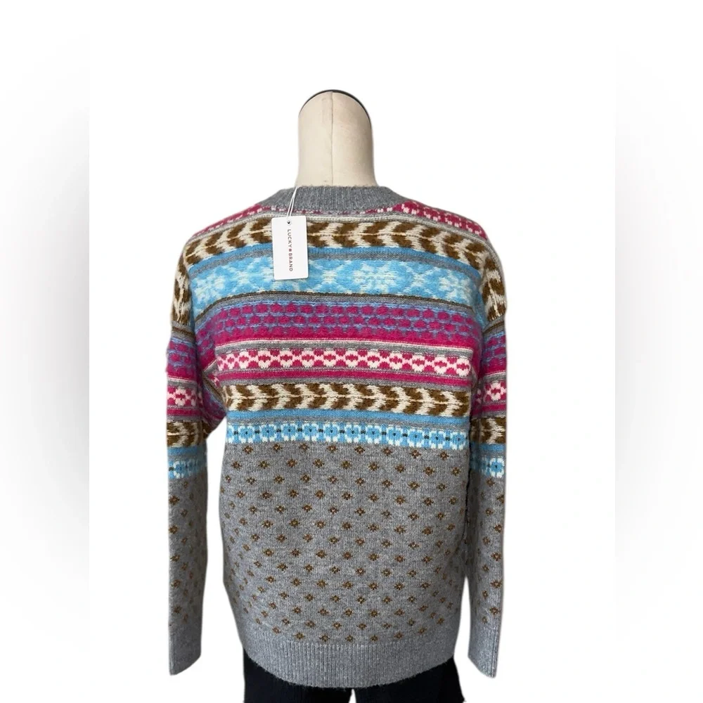 NWT Lucky Brand Fair Isle Knit Cardigan Sweater Small Colorful Stripe Wool Blend